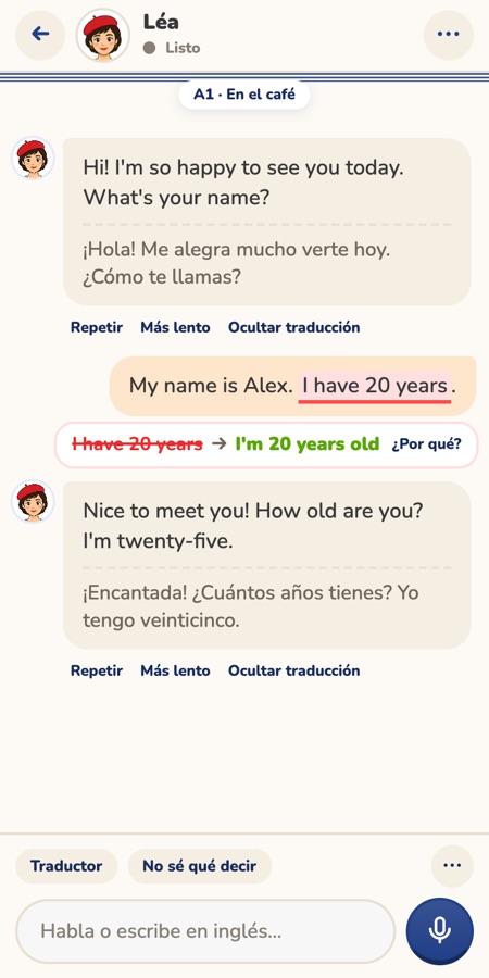 A conversation with Léa in Palique, with a corrected mistake